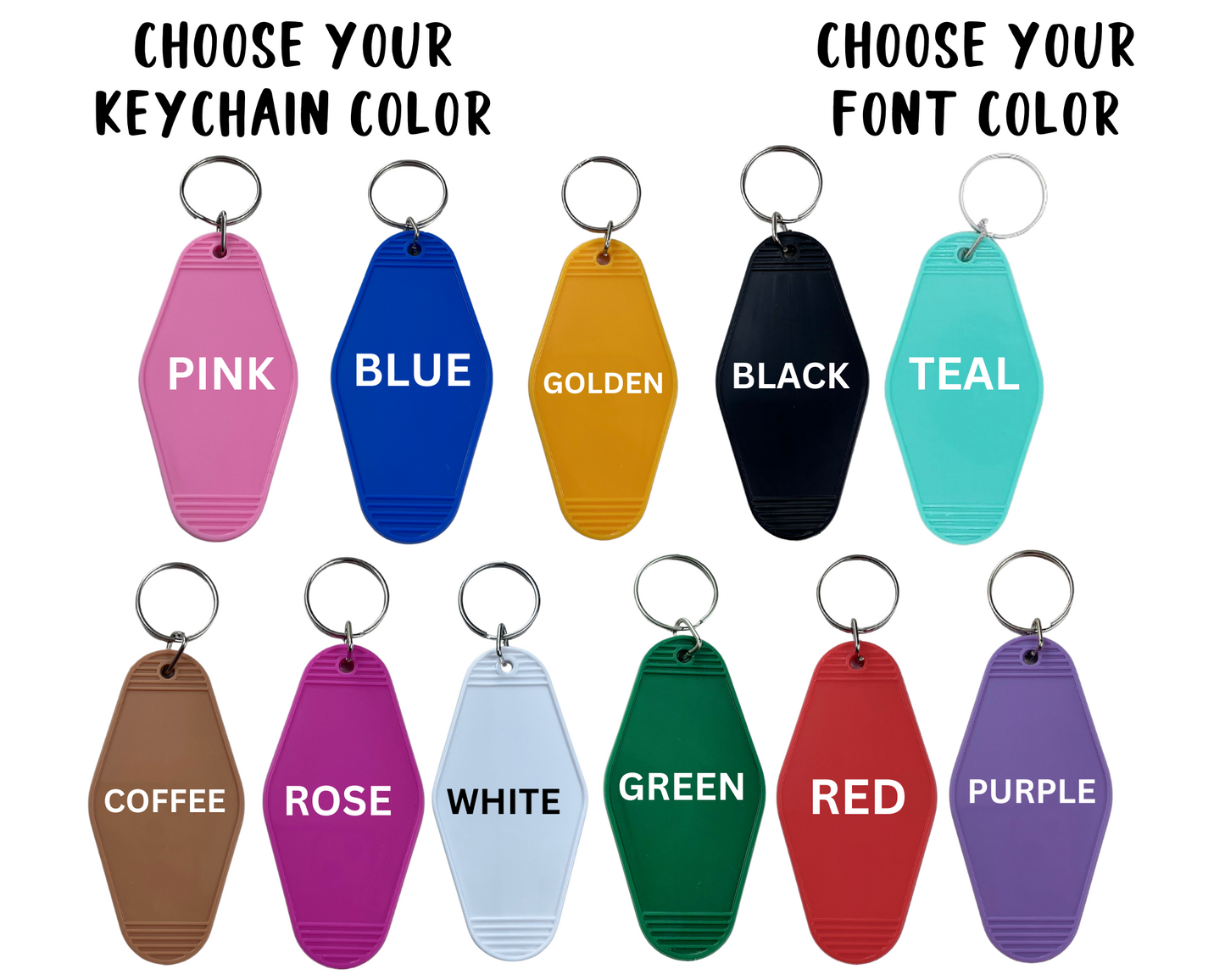 Motel keychain color options and font option choices for customers