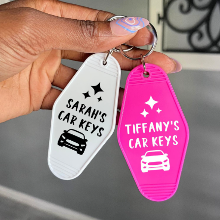 New Driver Motel Keychain Pink and White