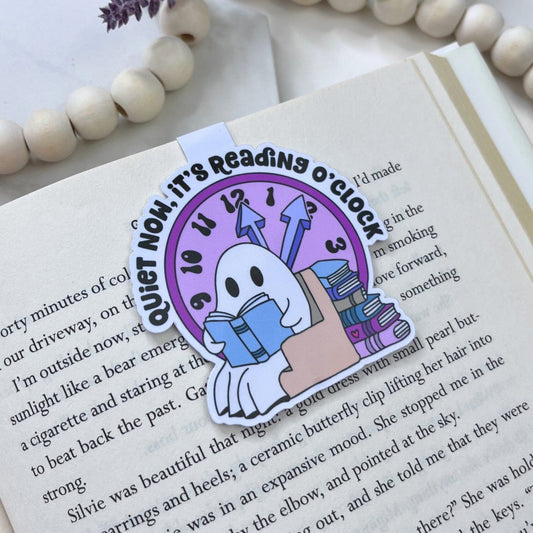 Magnetic bookmark with a bookish ghost and the text 'Quiet Now, It's Reading O'Clock' in a whimsical style