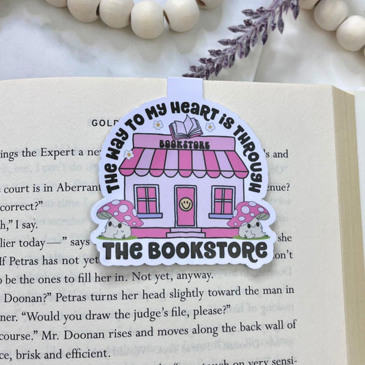 Magnetic bookmark with a charming illustration of a cute bookstore, showcasing books and cozy details